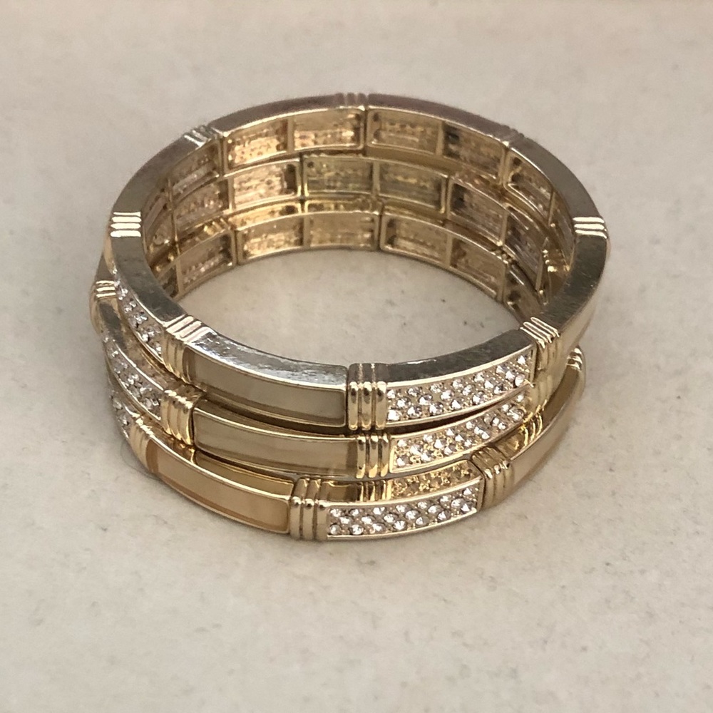 3 stretch bracelets (gold tone w silver accents)